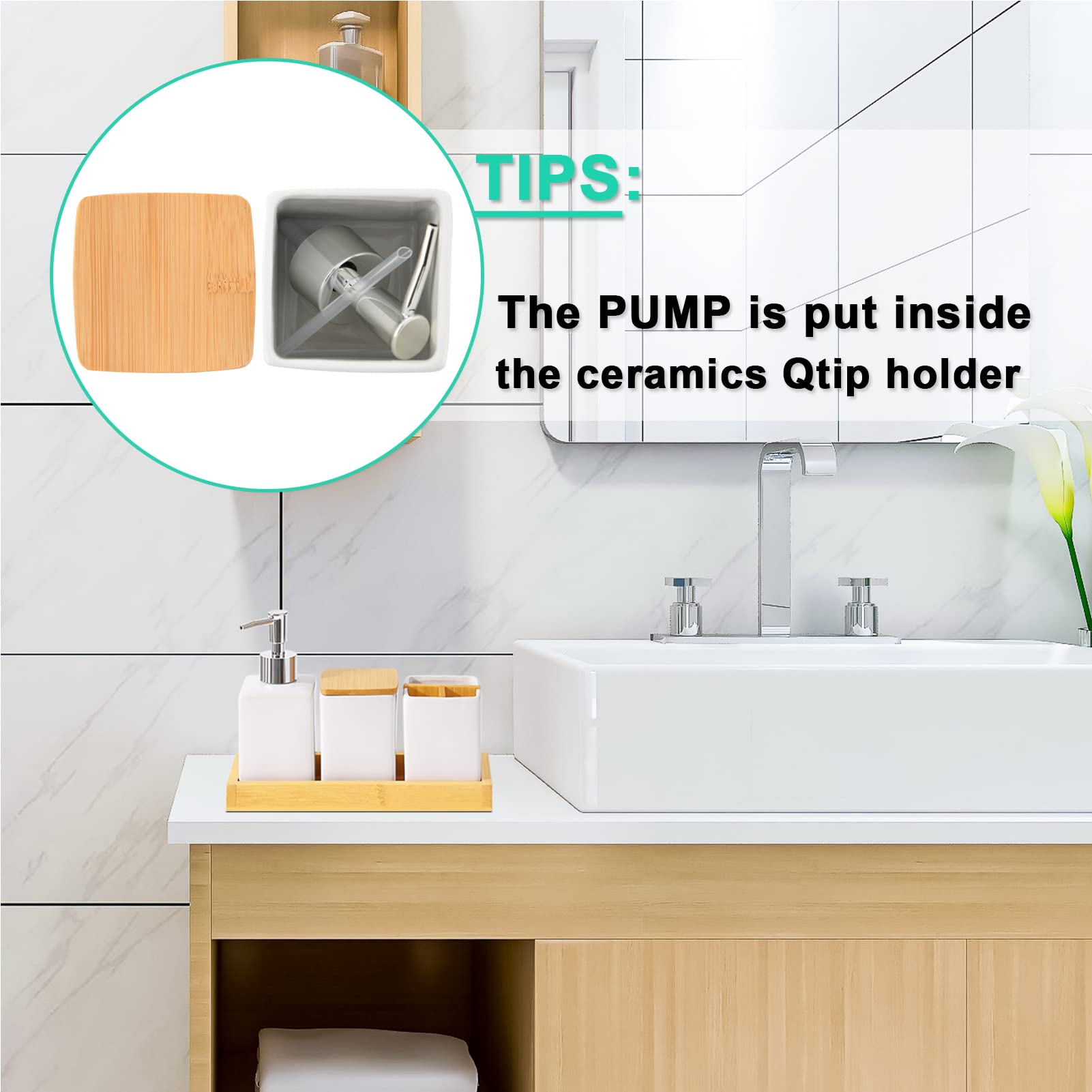 Vitviti Bamboo Bathroom Accessories, White Bathroom Organizer Countertop, Soap Dispenser And Toothbrush Holder Set, Vanity Tray